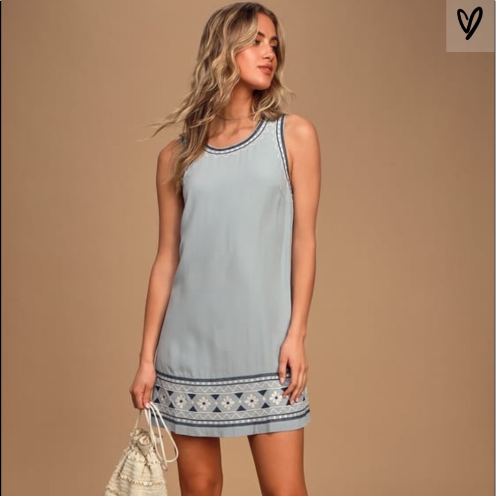 Lulus Dusty Blue Embroidered Mini Shift Dress